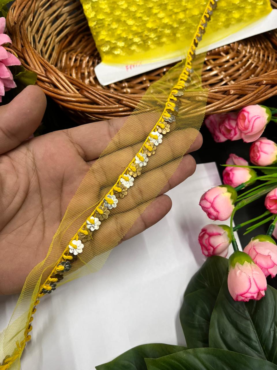 Sabyasachi-Inspired Metal Coin Lace for Dupattas & Sarees – Premium Handmade Ethnic Lace Border | Yellow