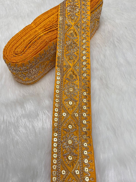 Embroidered Zari Lace – Indian Wedding Trims, Saree Border, 2 Inch Wide Lace Reel (9 Mtr) | Yellow