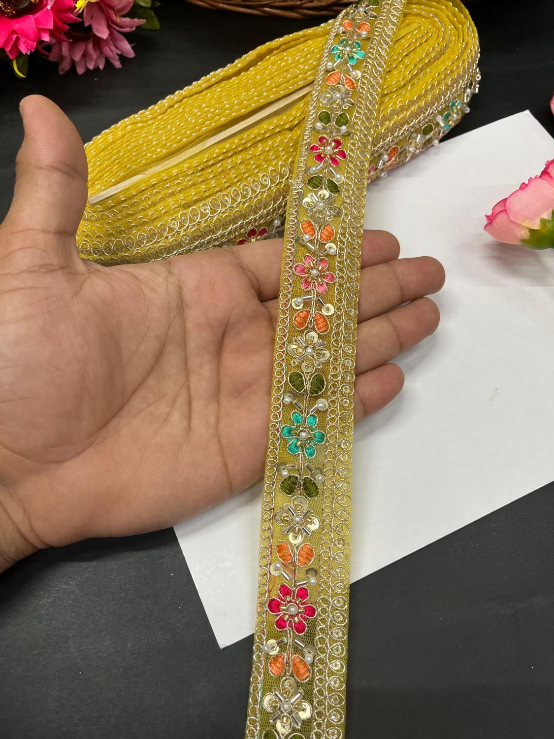 Beautiful Multicoloured Cutdana Beaded Saree Lace & Dupatta Lace – Premium Maggam Work Border Trim (9 Meter, 1.5 Inch Width) | Yellow
