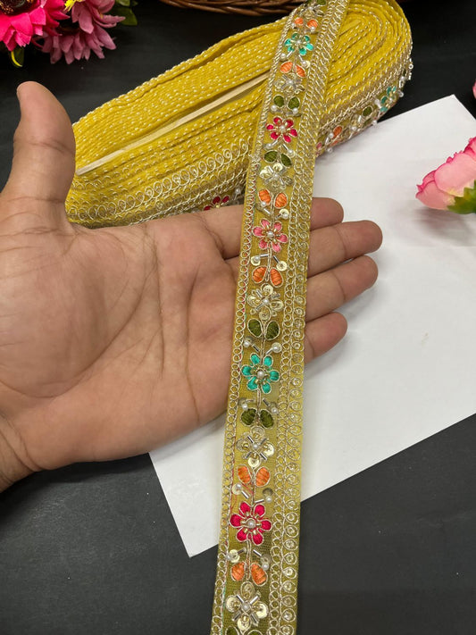 Beautiful Multicoloured Cutdana Beaded Saree Lace & Dupatta Lace – Premium Maggam Work Border Trim (9 Meter, 1.5 Inch Width) | Yellow