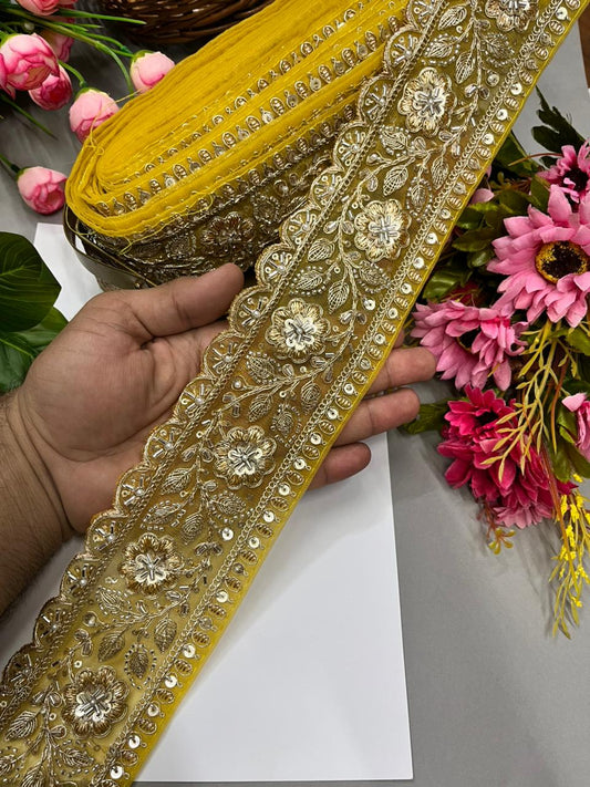 Designer Bridal Saree Lace Border – Premium 3 Inch Handcrafted Maggam Work Decorative Border for Wedding & Festive Wear (9 Meter) | Yellow