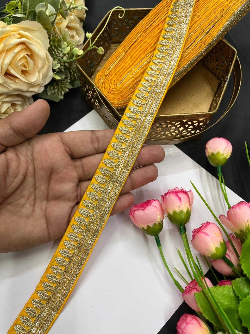 Elegant Embroidered Silk Saree Lace Borders – Premium 1 Inch Designer Border for Dupattas, Lehengas & Festive Wear (9 Meter) | Yellow