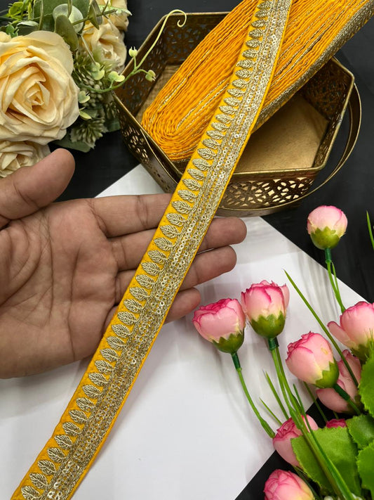 Elegant Embroidered Silk Saree Lace Borders – Premium 1 Inch Designer Border for Dupattas, Lehengas & Festive Wear (9 Meter) | Yellow