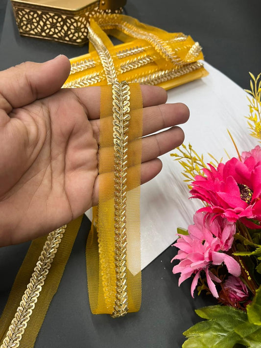 Elegant Pipe & Sequin Work Lace Borders – Designer Maggam Work Trim for Sarees, Lehengas & Dupattas (9 Meter, 0.5 Inch Width) | Yellow