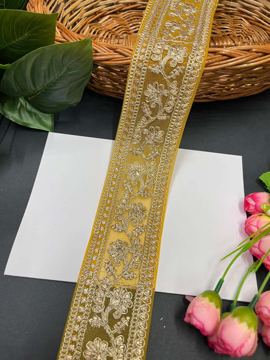 Gold Embroidery Net Saree Lace & Zari Lace – 9 Meters, 2.5-Inch Embroidered Net Border for Lehengas & Dupattas | Yellow