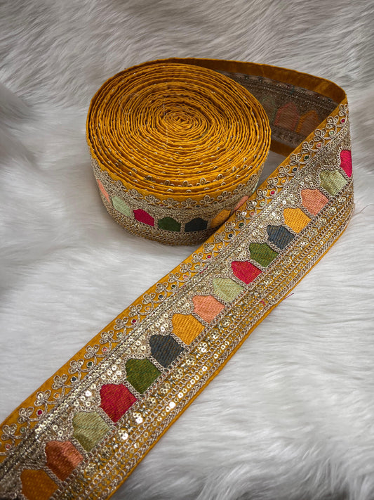 Sabyasachi Inspired Embroidery Lace Borders – 9 Meters, 3-Inch Width, Handcrafted Elegance | Yellow
