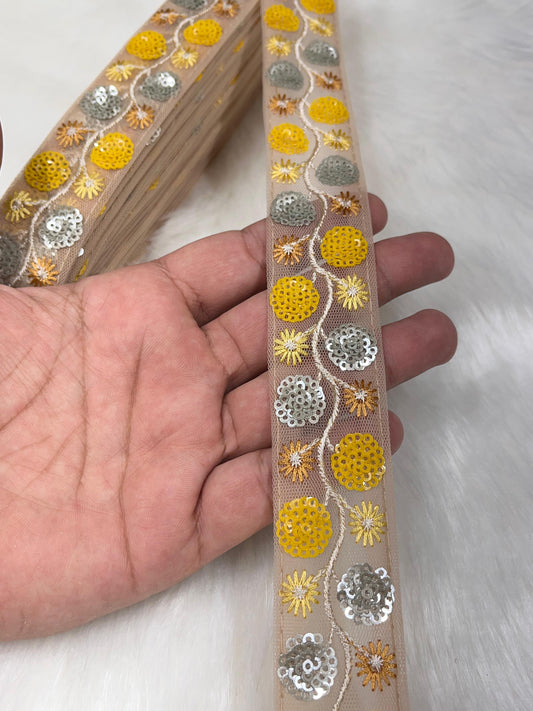 Sequence Work Embroidered Lace Border for Sarees, Dupattas, Skirts, and Lehenga - 9 Meter | Yellow