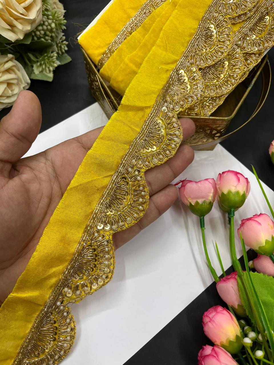Scalloped Zardosi Work Handmade Saree Borders – Premium 1.5 Inch Maggam Work Lace for Bridal & Festive Wear (9 Meter) | Yellow