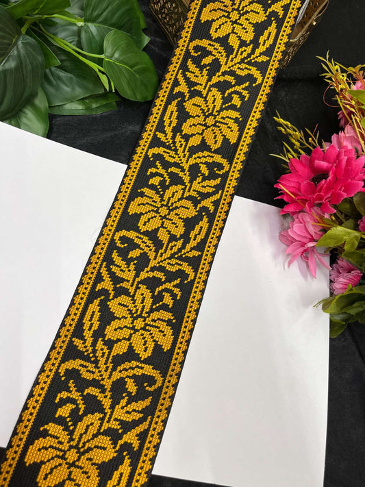 Cross Stitch Jacquard Border – 9 Meters, 4-Inch Thread Embroidered Lace for Sarees, Lehengas & Dupattas | Yellow