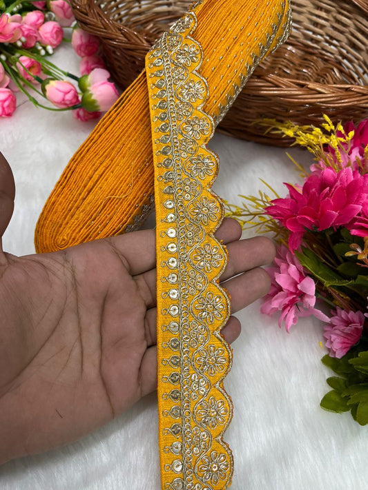 Embroidered Designer Lace – Indian Wedding Trims, Saree Border, 1.5 Inch Wide Lace Reel (9 Mtr) | Yellow