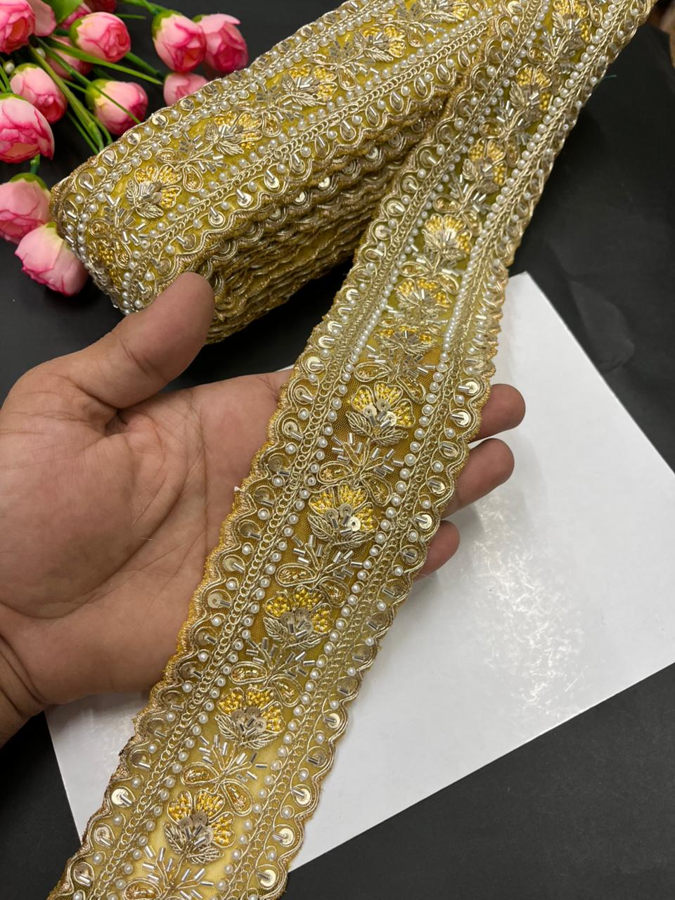 Luxurious Beaded Cutdana Bridal Saree Laces – Heavy Maggam Work Borders for Sarees, Dupattas & Lehengas (9 Meter, 2.5 Inch Width) | Yellow