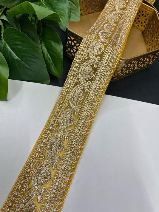 Embroidery Designer Lace on Net Fabric – 9 Meters, 2.5-Inch Width | Yellow