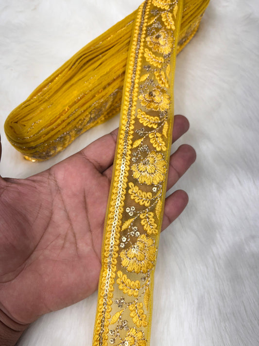 Elegant Saree Lace Border, Dupatta Edging Trim, 9 Meter Embroidered Decorative Fabric Ribbon | Yellow