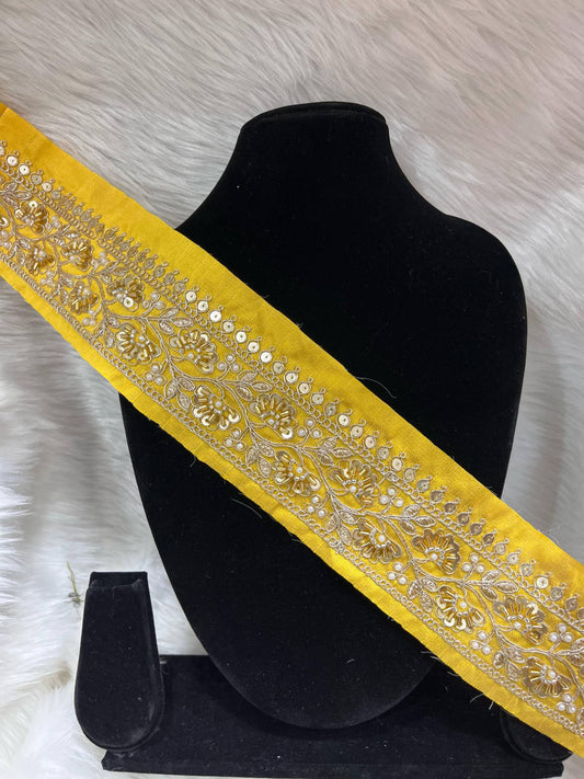 Exclusive Beaded Embroidered Lace – 9 Meters, 2-Inch Maggam Work Border Trim for Sarees & Lehengas | Yellow