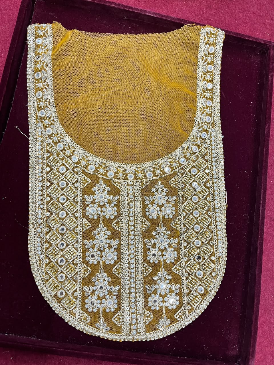 Designer Handcrafted Neck Patch for Kurtis, Dresses & Blouses – Premium Embroidered Neckline Applique | DC0983 | Yellow