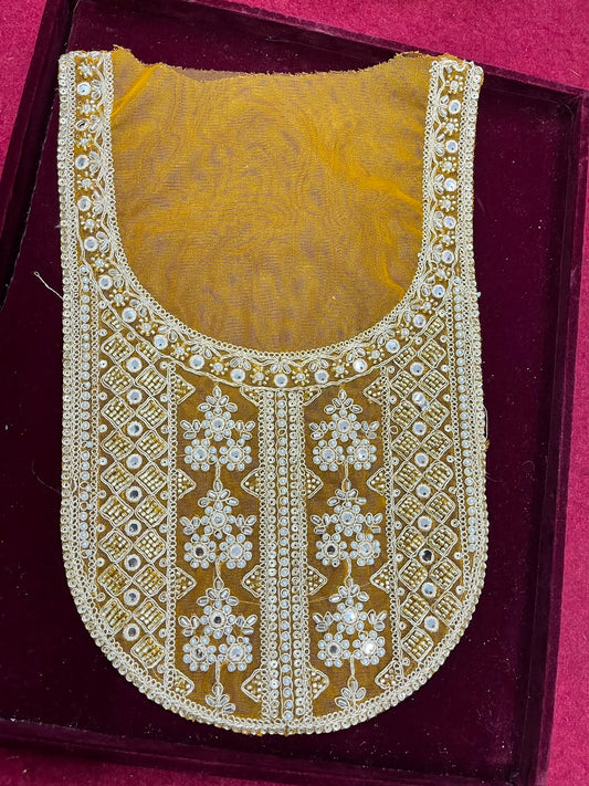 Designer Handcrafted Neck Patch for Kurtis, Dresses & Blouses – Premium Embroidered Neckline Applique | DC0983 | Yellow