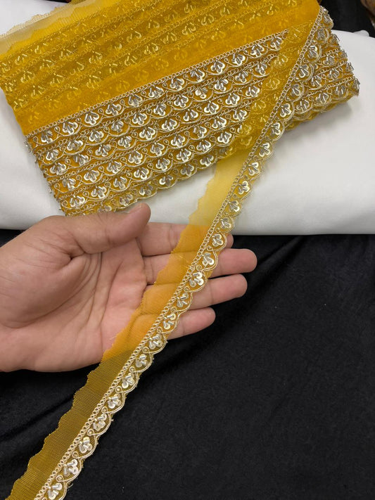 Scalloped Cutdana Work Lace for Sarees & Dupattas – Designer Maggam Work Lace Border (Half Inch) | Yellow
