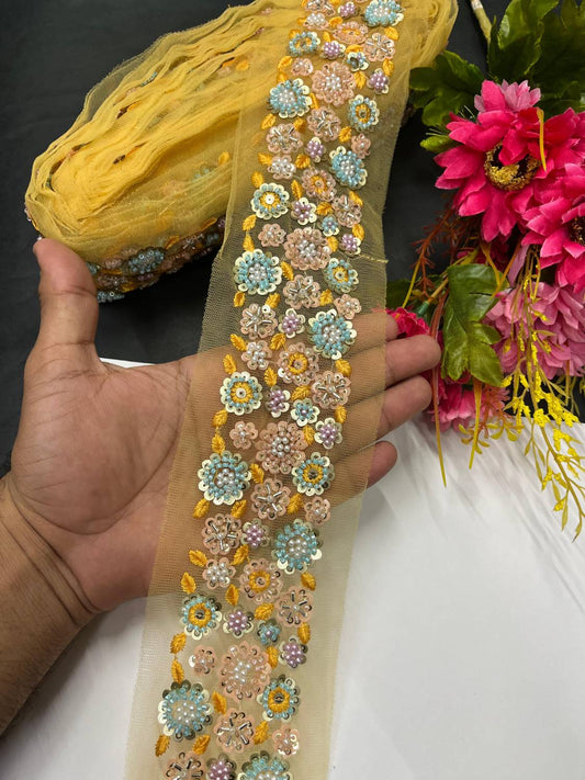 Stunning Thread Work Border with Pastel Bead Work – Designer Lace on Net Fabric (9 Meter) | Yellow