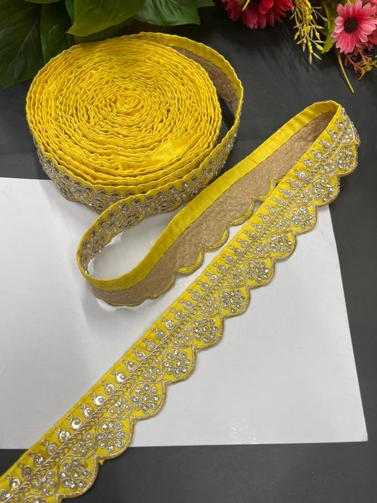 Scalloped Stonework Designer Laces – Elegant Embroidered Border Trim for Sarees, Dupattas & Lehengas (9 Meter, 1.5 Inch Width) | Yellow