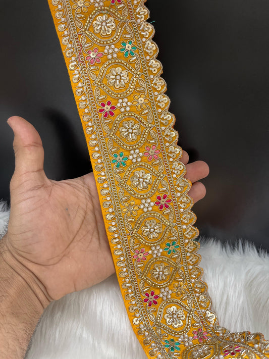 Vibrant Cutdana Beaded Embroidered Lace Border for Sarees and Lehengas – 9 Meters, 3-Inch Width | Yellow