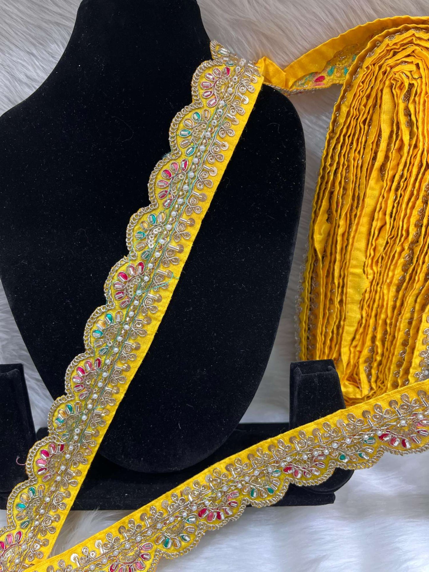 Scalloped Handwork Cutdana & Pearl Embroidered Saree Lace – 9 Meters, 1.5-Inch Maggam Work Border Trim | Yellow