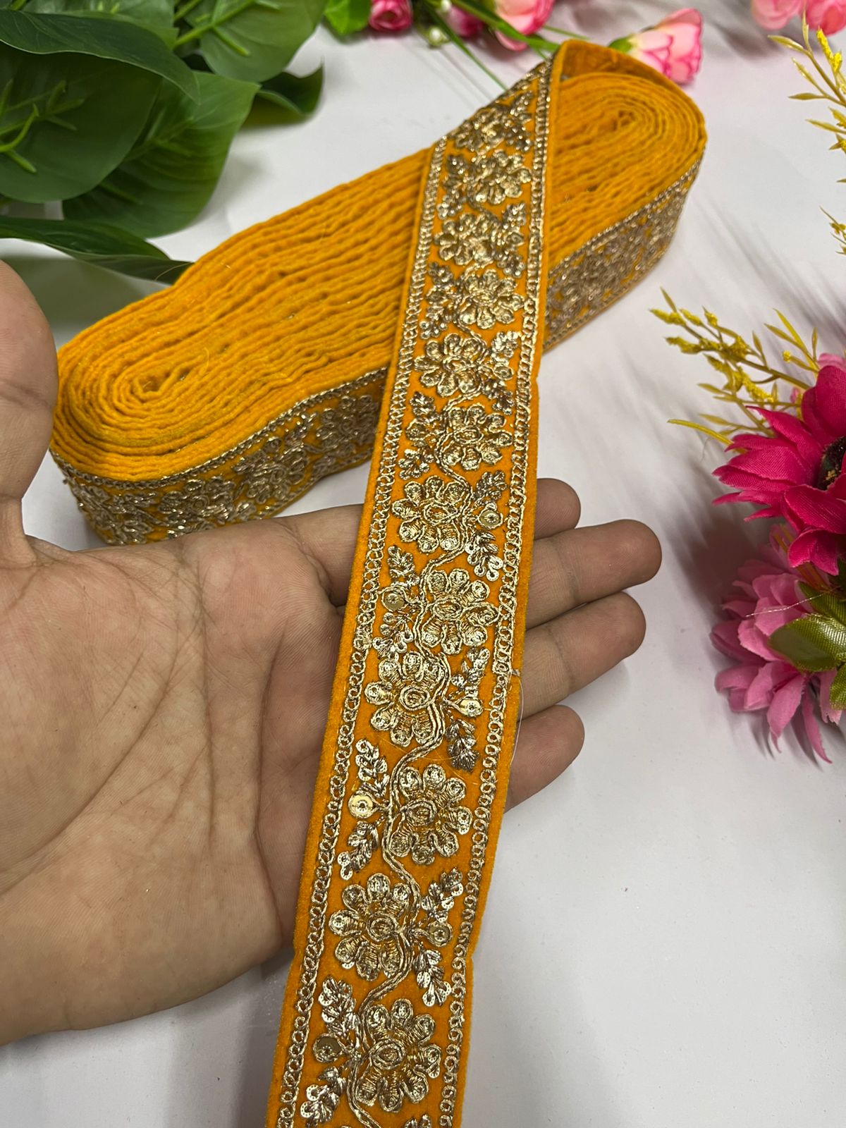Velvet Saree and Dupatta Lace | Gold Embroidered Velvet Fabric Designer Lace (9 Mtr) | Yellow