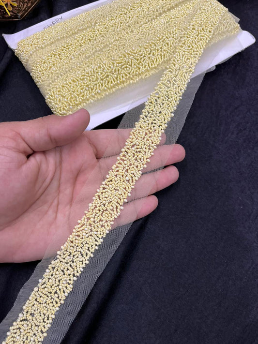 Exclusive Pearl Work Handcrafted Lace Trim for Sarees, Kurtis & Dresses – Designer Handmade Pearl Embroidery Lace Border | Yellow