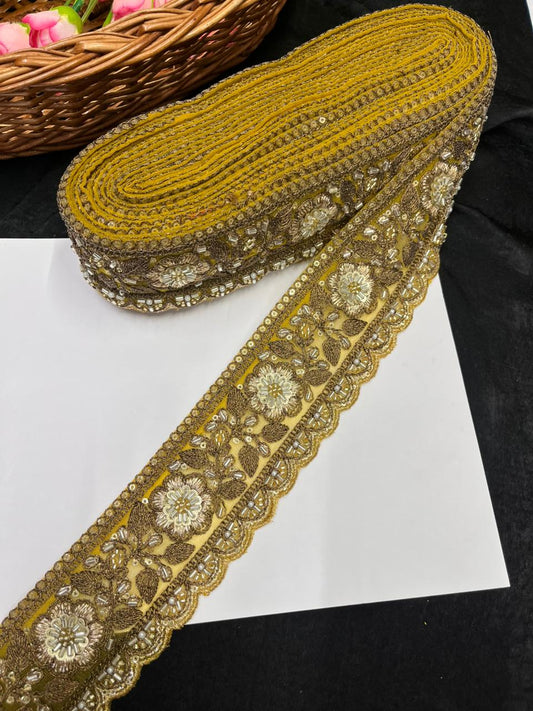 Antique Zari Flower Design Maggam Work Lace for Sarees – Premium Designer Maggam Lace | Yellow