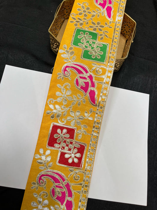 Traditional Peacock Design Gota Patti Lace – 9 Meters, 4-Inch Decorative Border Trim for Sarees, Lehengas & Dupattas - Yellow