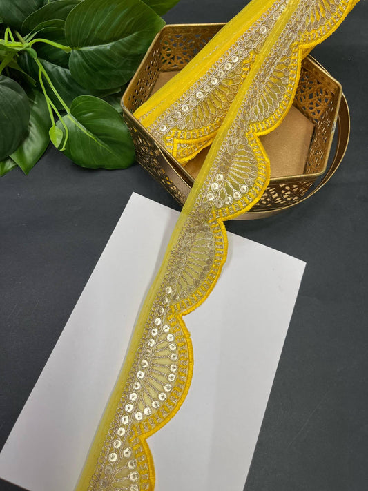 Designer Scalloped Embroidery Saree Lace – 9 Meters, 2-Inch Tone-to-Tone Embroidered Border for Lehengas & Dupattas | Yellow