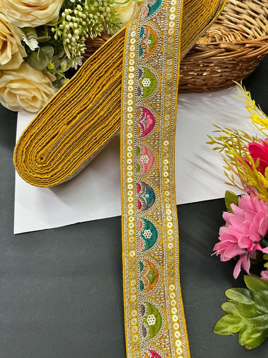 Sabyasachi Inspired Designer Saree Laces and Trims – Embroidered Border Lace (9 Meter Roll) | Yellow