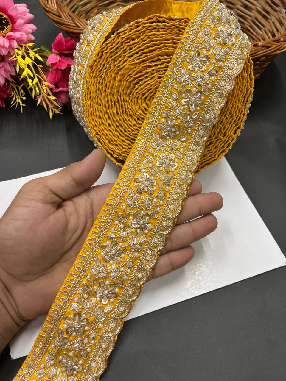 Beaded Embroidered Bridal Laces – Premium Maggam Work Borders for Sarees, Lehengas & Dupattas (9 Meter, 2.5 Inch Width) | Yellow