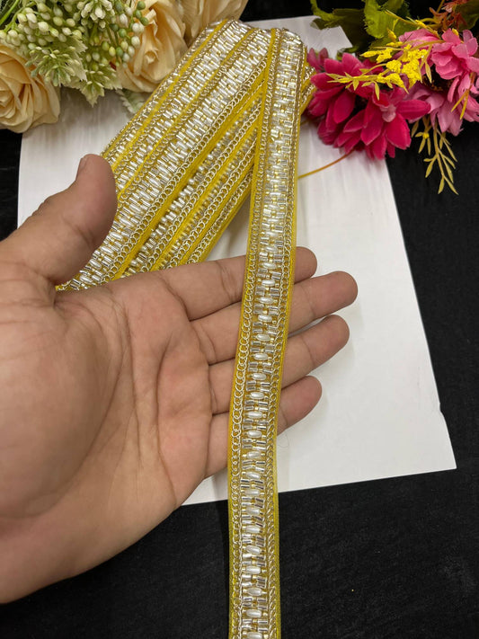 Delicate Pearl Work Designer Saree Laces – 9 Meters, 1-Inch Maggam Work Border for Sarees, Lehengas & Dupattas | Yellow