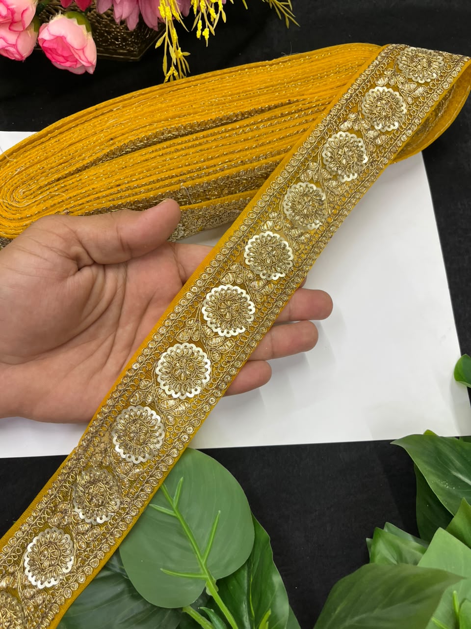 Golden Zari Embroidered Lace on Net Fabric for Sarees, Lehengas & Dupattas – Designer Embroidered Lace Border (1.5 Inch) | Yellow