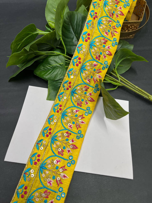 Embroidered Fabric DIY Crafting Lace Trim – 9 Meters, 3-Inch Indian Decorative Sewing Border for Ethnic Wear & Projects | Yellow
