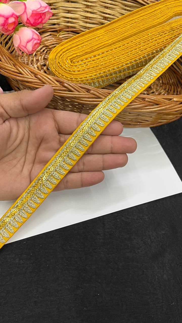 Silk Fabric Embroidered Saree Lace for Sarees, Lehengas, Dupattas & Blouses – Designer Embroidery Lace Border (1 Inch) | DC1066 | Yellow