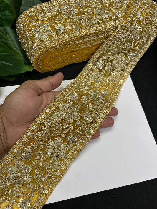 Designer Maggam Work Saree Lace on Net Fabric – Handcrafted Embroidered Lace Border for Sarees, Blouses & Lehengas (3.5 Inch) | Yellow