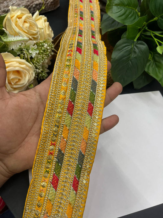 Sabyasachi Inspired Embroidery Lace – 9 Meters, 3-Inch Width | Yellow
