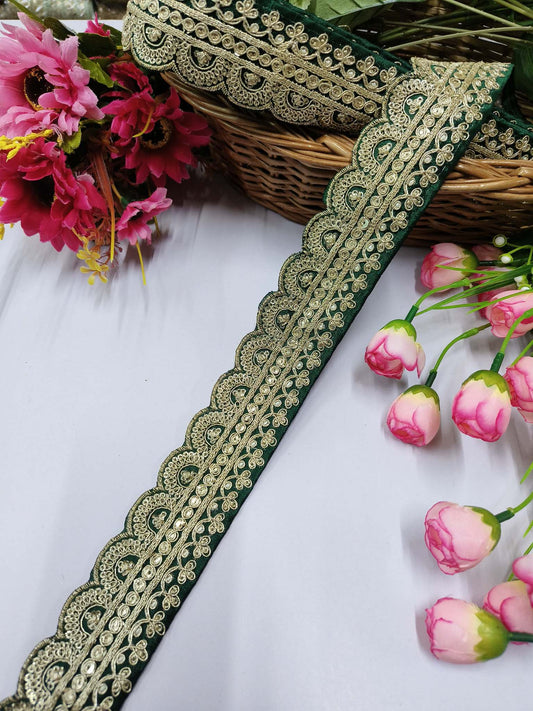 Embroidery Laces Saree Dupattas Borders – Premium Quality, Intricate Embellishments for Sarees, Lehengas, Bridal Couture, and Luxury Home Decor - Dark Green