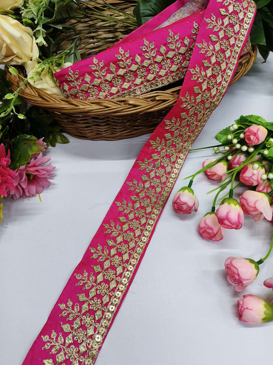 Beutiful Zari Work Embroidery Laces Dupattas Borders – Premium Quality, Intricate Embellishments for Sarees, Lehengas, Bridal Couture, and Luxury Home Decor - Rani Pink