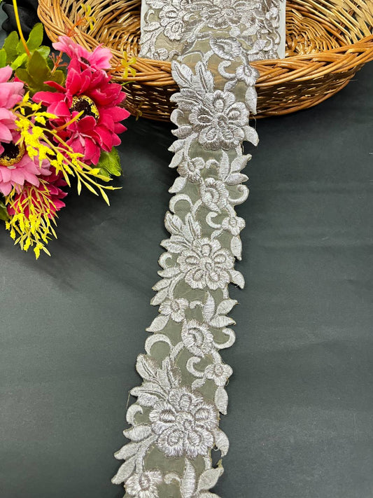 Silver Zari Flower Design Embroidered Saree Lace & Trims (9 Meter) – 3 Inch Width