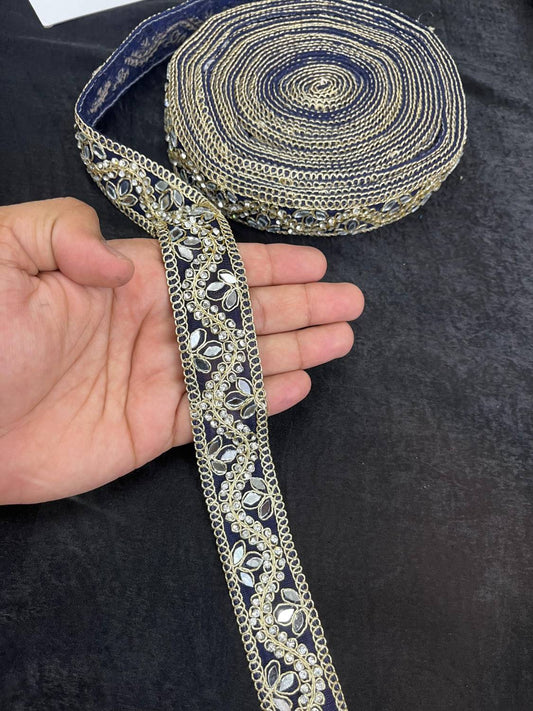 Designer Mirror Work Lace Trim with Rhinestones – Elegant Border for Sarees, Dupattas & Lehengas (9 Meter, 1 Inch Width) | Navy Blue