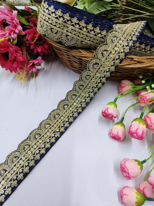 Embroidery Laces Saree Dupattas Borders – Premium Quality, Intricate Embellishments for Sarees, Lehengas, Bridal Couture, and Luxury Home Decor - Navy Blue