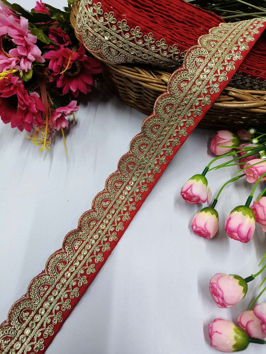 Embroidery Laces Saree Dupattas Borders – Premium Quality, Intricate Embellishments for Sarees, Lehengas, Bridal Couture, and Luxury Home Decor - Red
