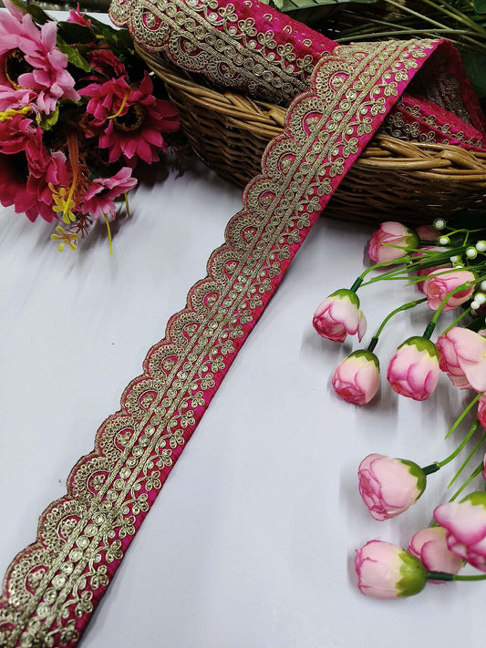 Embroidery Laces Saree Dupattas Borders – Premium Quality, Intricate Embellishments for Sarees, Lehengas, Bridal Couture, and Luxury Home Decor - Rani Pink