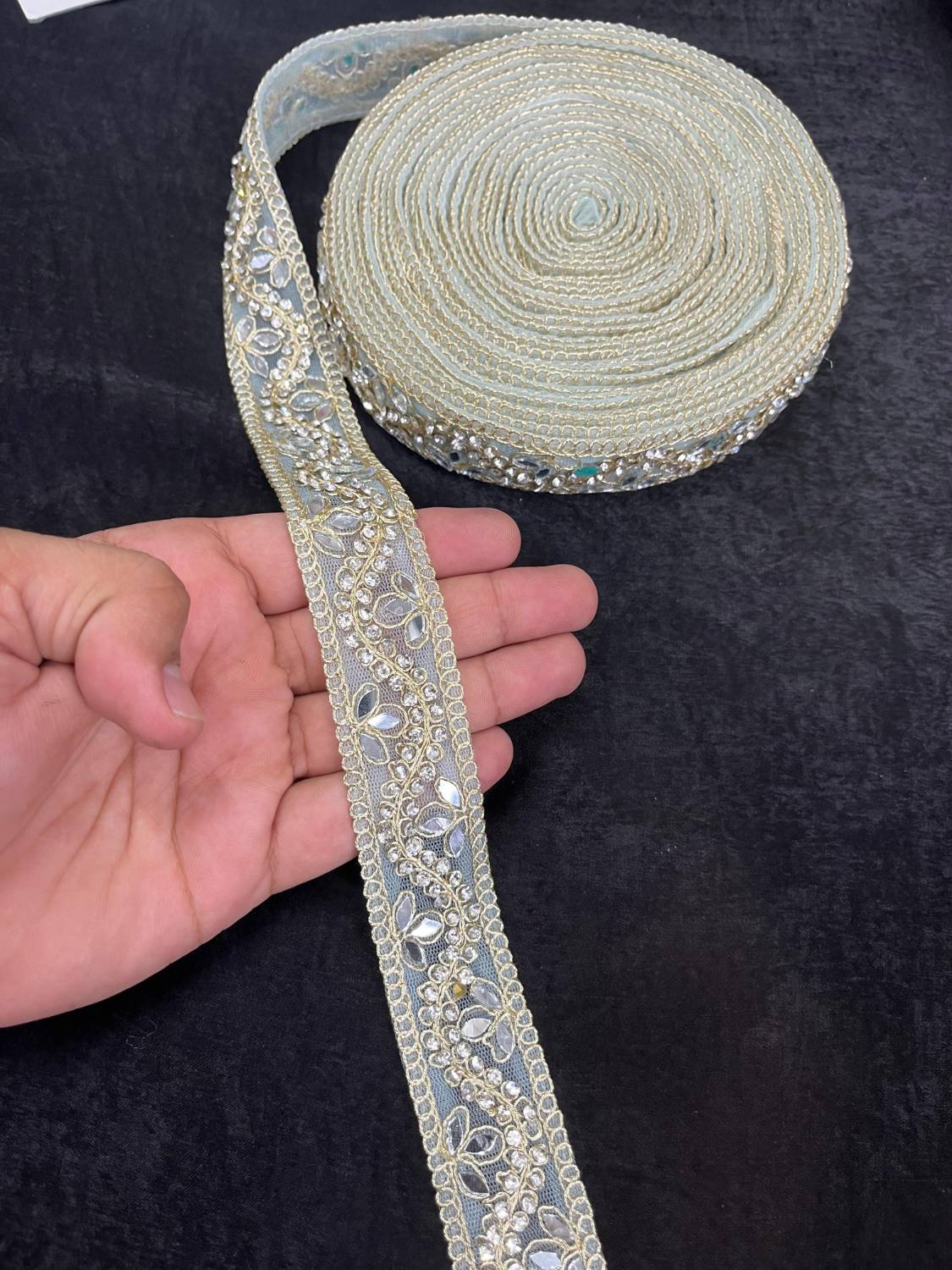 Designer Mirror Work Lace Trim with Rhinestones – Elegant Border for Sarees, Dupattas & Lehengas (9 Meter, 1 Inch Width) | Sea Green