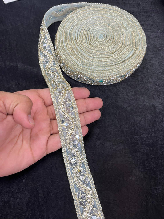 Designer Mirror Work Lace Trim with Rhinestones – Elegant Border for Sarees, Dupattas & Lehengas (9 Meter, 1 Inch Width) | Sea Green
